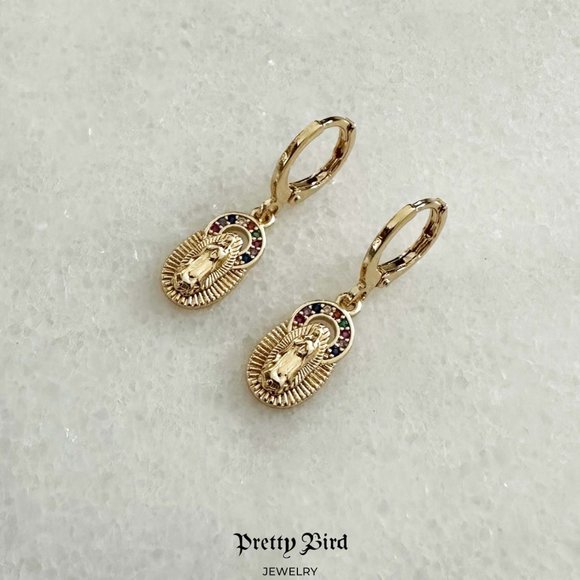 18K Yellow Gold Plated Multicolor Madonna Dangle Earrings - Picture 2 of 2